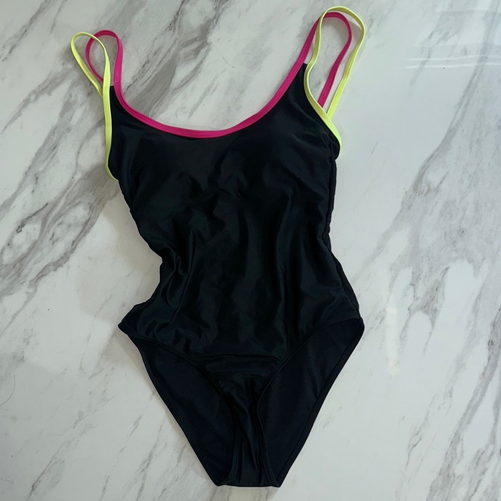 No Boundaries Black One Piece Swimsuit with Pink and Yellow Accents